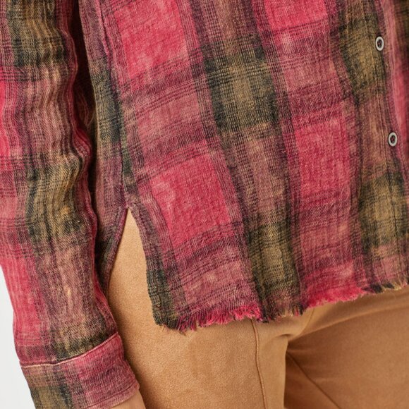 MYSTREE Plaid Button-Up Flannel Shirt, Red Olive Check Long Sleeve Top - Picture 8 of 8